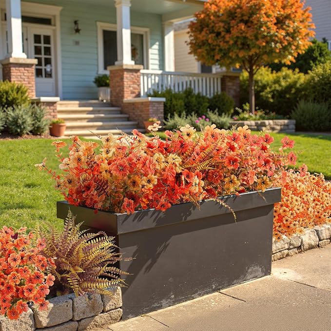 20 Bundles Artificial Fall Flowers for Outdoors Decoration, Fake Mums Silk Daisy Faux Plastic Plants Boston Fern UV Resistant for Autumn Thanksgiving Garden Planters Home Decor, Mixed Orange