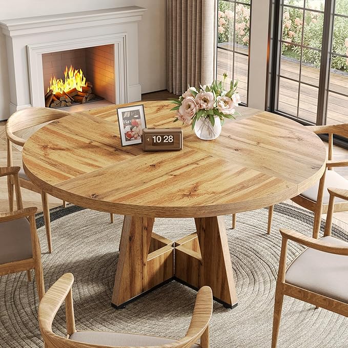 LITTLE TREE Round Dining Table for 4-6 People, 47 Inches with Wooden Pedestal Base, Modern Dinner Table for Dining Room, Kitchen, Living Room