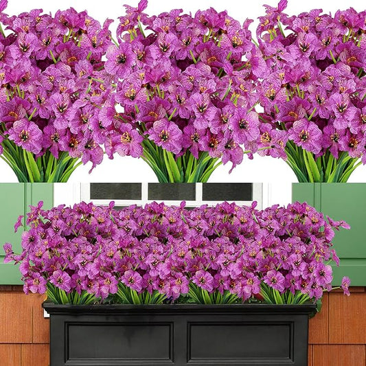 AmyHomie 20 Bundles Artificial Flowers for Outdoor Outside Spring Summer Decoration UV Resistant Faux Flowers No Fade Fake Plastic Plants Garden Porch Window Box Decorating (Purple)