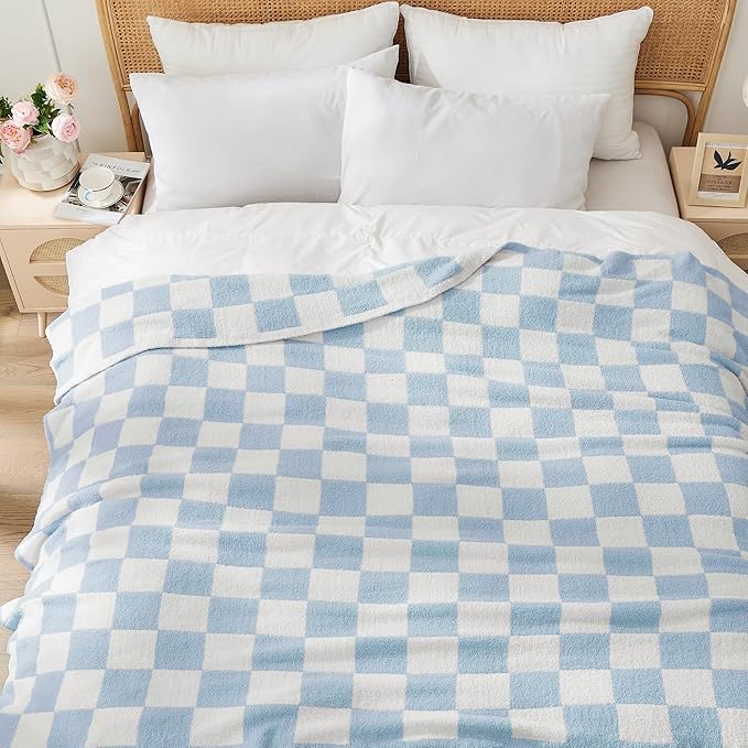 Checkered Throw Blanket Soft & Cozy Blanket for Bed, Couch, and Sofa Lightweight Stylish Versatile Blanket Home Decor for All Seasons Throws Blanket Dusty Blue 50x60 Inches