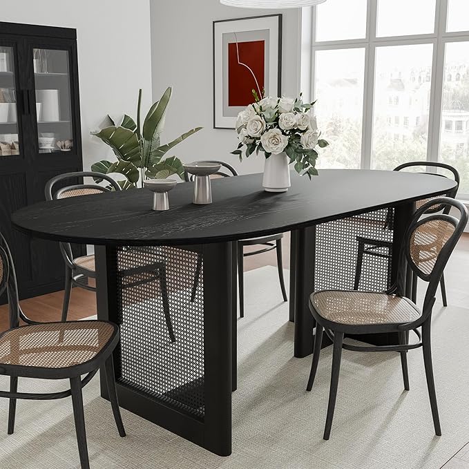 Casaphoria 67" Dining Table for 6, Wood Kitchen Table with Scratch-Resistant Top & Rattan Base, Modern Farmhouse Oval Dining Table for Living Room, Kitchen, Easy Assembly, Black