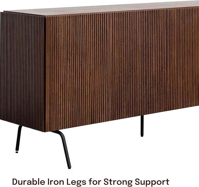 NTC Veil Modern Sideboard with 4 Doors, Buffet Cabinet with Vertical Groove Design and Metal Legs, Storage Cabinet for Living Room, and Hallway, Effortless Assembly - Dark Walnut