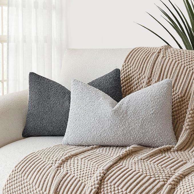 Foindtower Pack of 2 Textured Boucle Throw Pillow Covers Accent Solid Decorative Lumbar Pillow Cases Cozy Woven Couch Cushion Case for Sofa Bedroom Living Room Home Decor, 12 x 20 Inch,Light Grey
