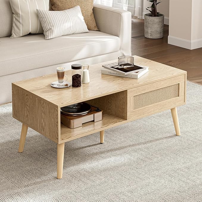 Wood Coffee Table with Storage, Boho Dining Table with Sliding Rattan Door Panel and Solid Wood Legs, Small Coffee Tables for Living Room, Oak (Oak_LSJ008)