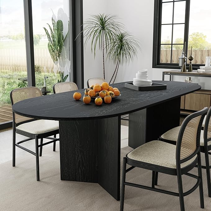 Casaphoria 79" Dining Table for 6, Wood Kitchen Table with Scratch-Resistant Top & V-Shaped Base, Modern Farmhouse Oval Dining Table for Living Room, Kitchen, Easy Assembly, Black