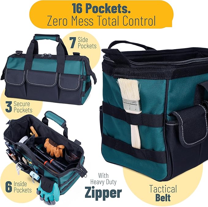 Garden Tool Bag Organizer – 13 Pocket Heavy-Duty Gardening Tote with 7 Outer & 6 Inner Compartments, Anti-Slip Base, Adjustable Shoulder Strap & Belt – Garden Organizers and Storage (Green)