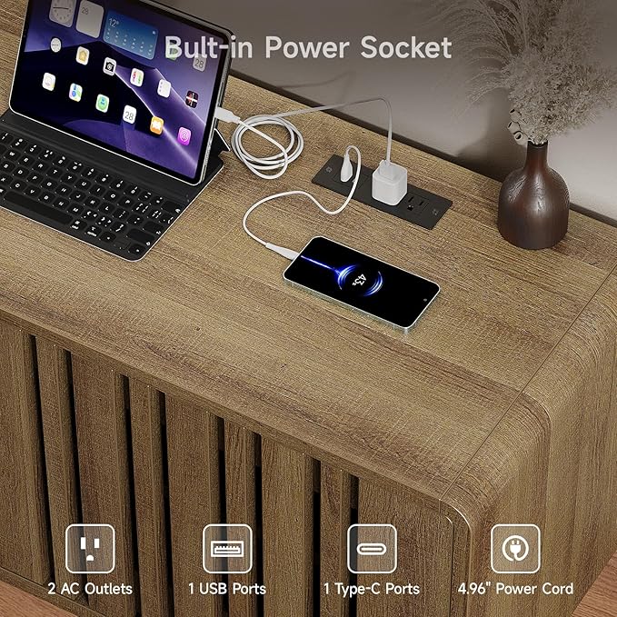 ONBRILL 70-Inch TV Stand for TVs up to 80 Inch, Mid-Century Modern Television Stand with Power Outlet， Entertainment Center with Sliding Grille Door Cabinets and Open Shelves for Living Room, Oak