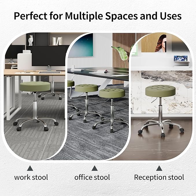 Rolling Stools with Wheels (Adjustable Height 20-27 inch) (Quiet Wheels and Aluminum Base) Multifunctional Nail Tattoo Vanity Massage Stool (Green)