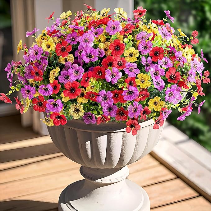 Fall Mums Artificial Flowers for Outdoors Potted, 12 Bundles Fake Fall Daisy Flower with Realistic Eucalyptus Leaves, Fake Plants for Greenery Boxwood Porch Patio Garden Pot Lawn(Red Purple Yellow)
