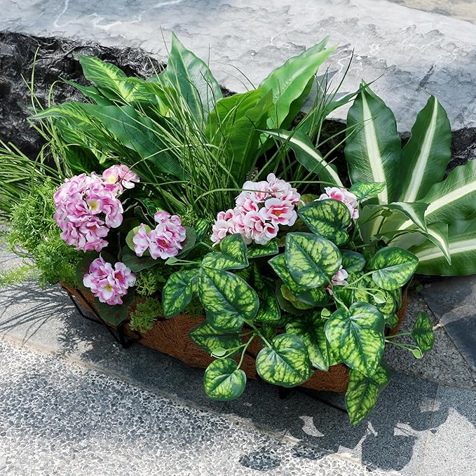 Artificial Greenery Plants & Flowers for Outdoor UV Resistant 10 Bundles Fake Plants Plastic Leaves with Stems for Outside Garden Porch Decor (Mixed-PurplePink)