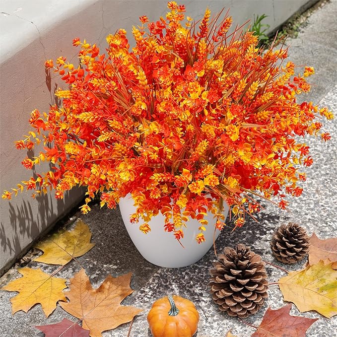 Artificial Faux Fall Mums Flowers Plants for Outdoor Outside, 12 Bundles Fake Autumn Orange Daisy Plastic Shrubs Greenery Realistic UV Resistant for Front Door Porch Patio Balcony Garden Yard Decor