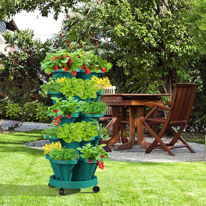 Strawberry Vertical Planters Tower Garden, 7 Tiered Stacking Herb Vegetable Planter with Support Pole Indoor and Outdoor - Hunter Green