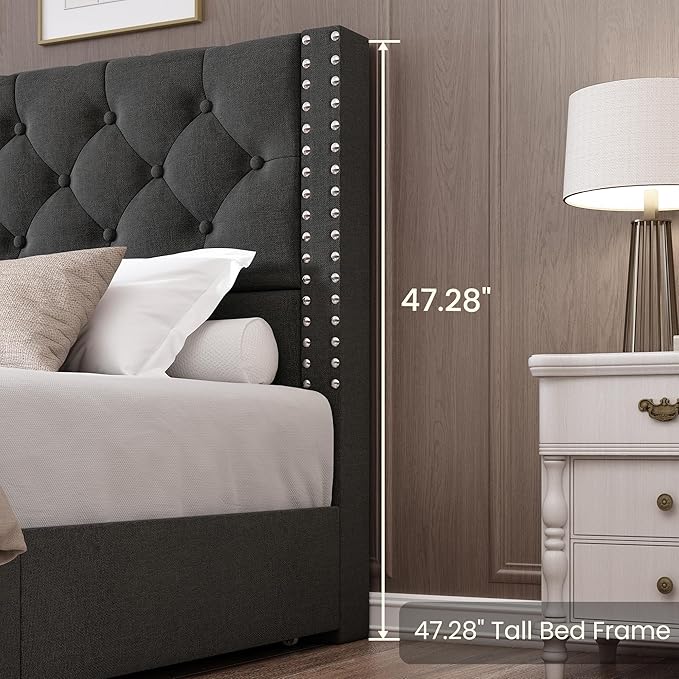 LARMACE Full Size Bed Frame Upholstered Platform Bed with 4 Storage Drawers and Tufted Headboard Linen Bed Frame with Heavy Duty Wood Slats, No Box Spring Needed, Easy Assembly, Dark Grey
