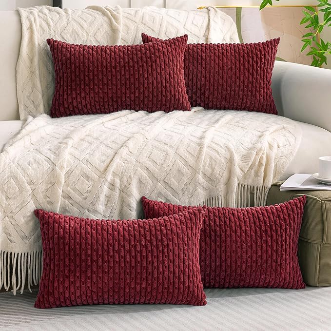 Set of 4 Burgundy Decorative Throw Pillow Covers 12x20 Inch Corduroy Pillow Covers for Bed Couch Sofa Living Room Soft Cushion Cases