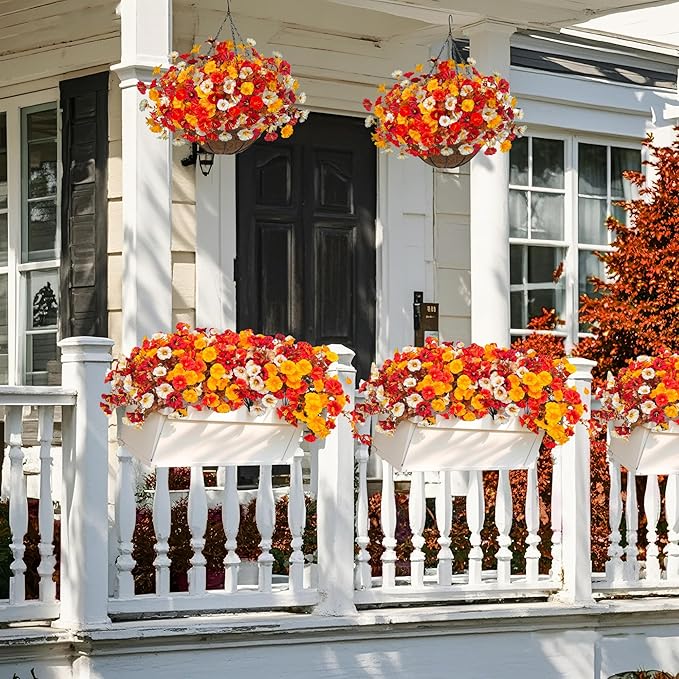 Artificial Fall Flowers for Outdoor, Fake Petunias Plants, Faux Flower, Fake Mums, 4PCS Fall Outdoor Decoration, UV Resistant, Silk Morning Glorias, for Home Garden Porch Planter (Deep Autumn)