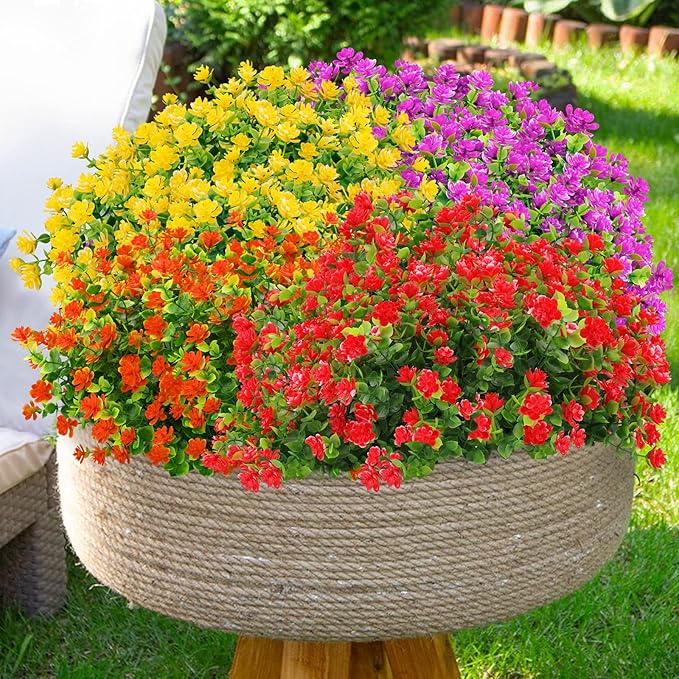 GREENRAIN Artificial Flowers Outdoor Fake Flowers for Decoration UV Resistant No Fade Faux Plastic Plants Garden Porch Window Box Décor (18 Bundles, 6#Red)