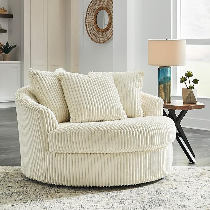 Signature Design by Ashley Lindyn Transitional Oval Tufted Upholstered Oversized Swivel Accent Chair, White