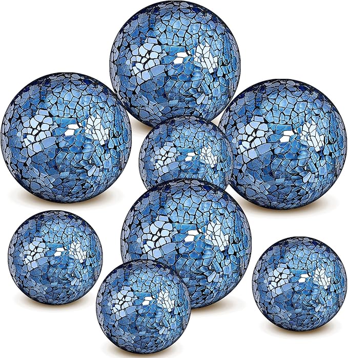 8 Pcs 3'' 4'' Decorative Ball for Centerpiece Bowls Glass Mosaic Sphere Decorative Orbs for Bowl Vase Fillers Christmas Wedding Party Dining Room Table Decor(Blue)