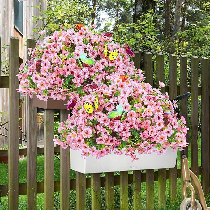 ‌20 Bundles Artificial Flowers for Outdoors‌ with 6 Faux Butterflies, UV Resistant ‌Fake Flowers‌ with Eucalyptus Leaves, ‌Artificial Plants Outdoor‌ for Patio Garden Porch Home Decor (Pink)
