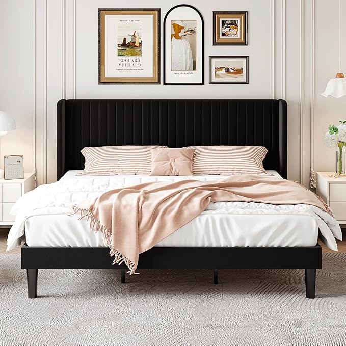 SHA CERLIN King Size Velvet Bed Frame with Vertical Channel Tufted Wingback Headboard, Upholstered Platform Bed with Wood Slats, No Box Spring Needed, Easy Assembly, Black