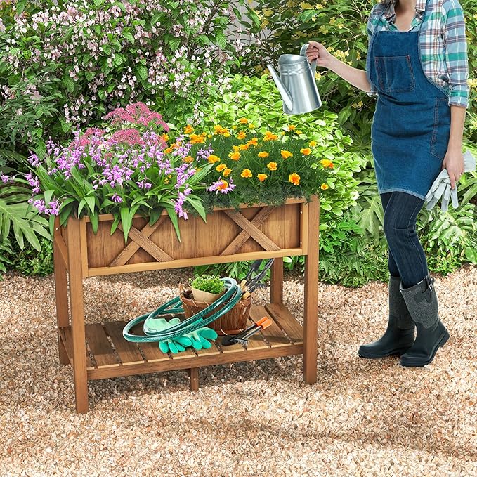 Giantex HIPS Raised Garden Bed, Elevated Planter Box w/Legs, Storage Shelf, Drainage Holes, Weather-Proof Standing Raised Beds for Backyard Porch Flower Vegetable (Coffee, 34" x 18" x 29")