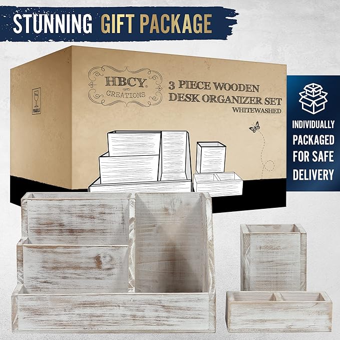 HBCY Creations Rustic Wooden Desk Organizer Set, 3-Piece Whitewashed Mail Organizer for Desktop - Great for Rustic or Industrial Home Decor