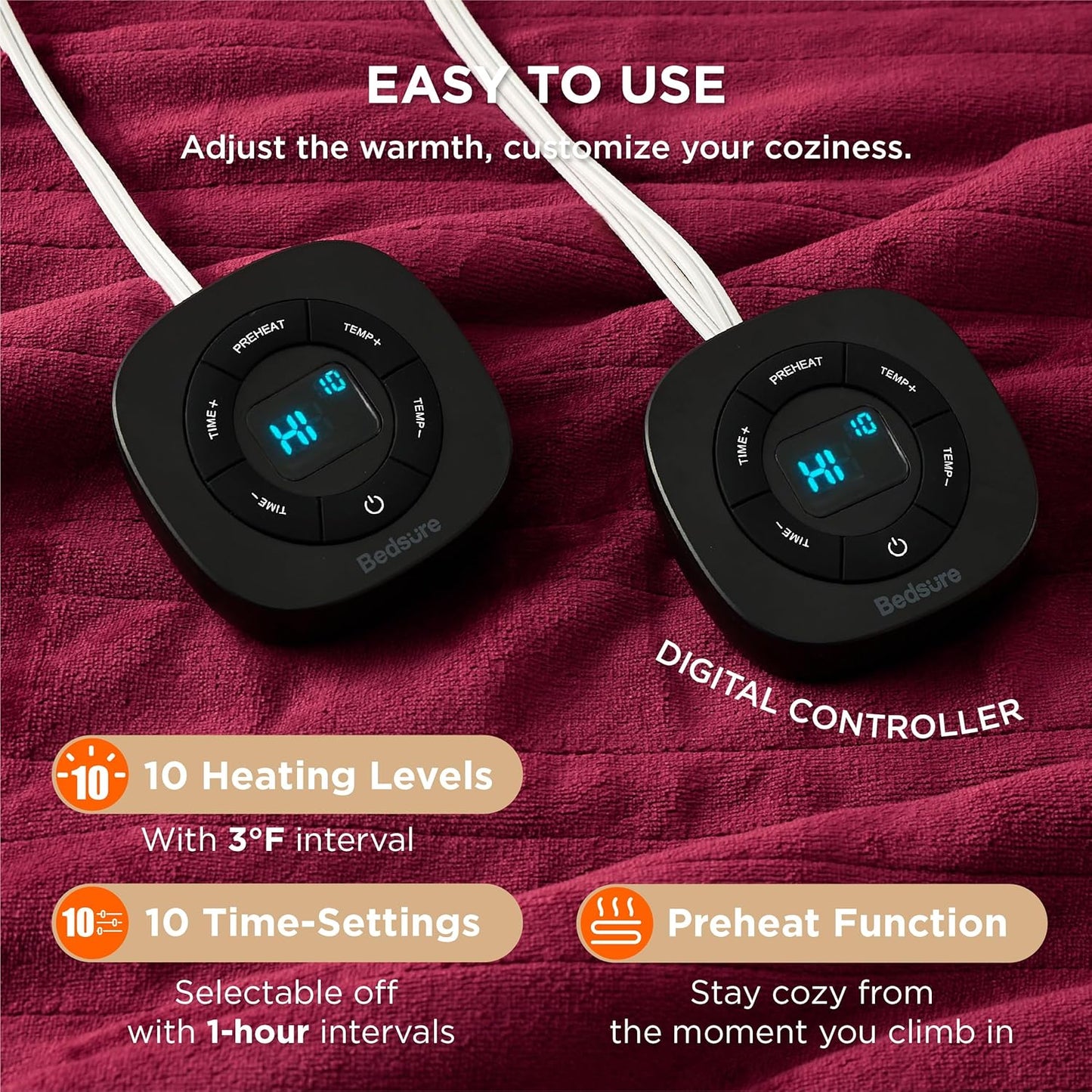 Bedsure Electric Blanket King Size - Dual Control Heated Blanket King Size, Fast Heating with 10 Time Settings & 10 Heat Settings, Warm Gift for Grandma (100x90 inches, Burgundy)