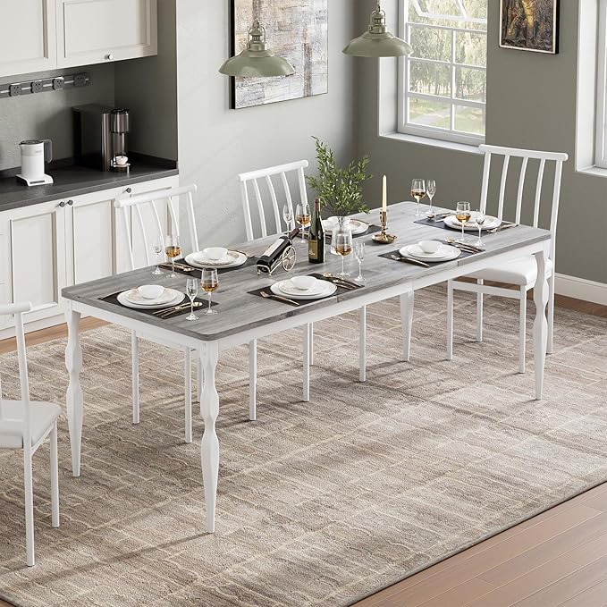 Rectangular Dining Table for 6, 71 Inch Rustic Farmhouse Kitchen Table with Large Tabletop, Long Wooden Dining Room Table with Heavy Duty Legs, Dinette and Dinner Desk for Party, Big Family, Grey