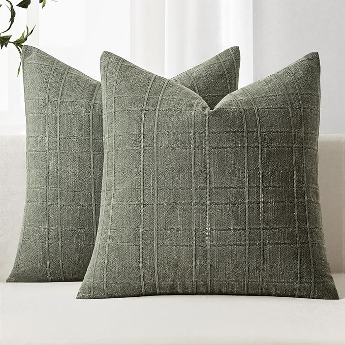 MIULEE Decorative Linen Check Euro Shams Throw Pillow Covers Neutral Farmhouse Vintage Pillow Covers 24x24 Set of 2 Boho Modern Home Decor for Sofa Couch Bedroom Cushion Olive Green