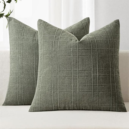 MIULEE Decorative Linen Check Euro Shams Throw Pillow Covers Neutral Farmhouse Vintage Pillow Covers 24x24 Set of 2 Boho Modern Home Decor for Sofa Couch Bedroom Cushion Olive Green