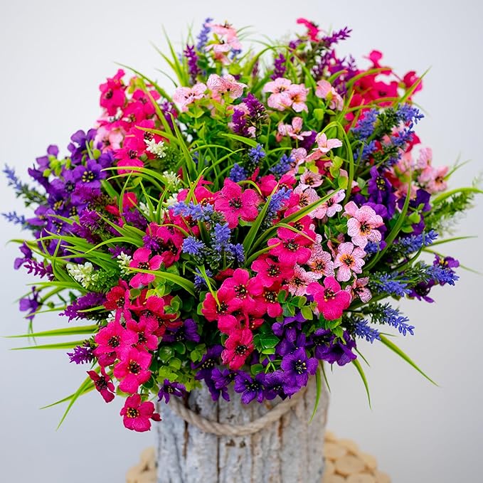 Artificial Flowers Outdoor Shrubs - 16 Bundles Fake Plants UV Resistant No Fade Faux Plastic Greenery Home Garden Porch Patio Decoration Office Indoor (1, Multi-16pcs)