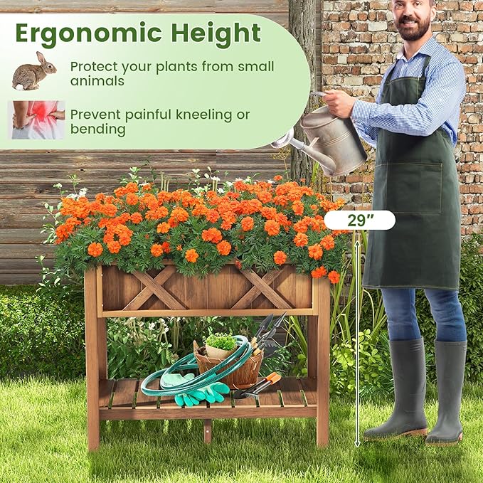 Giantex HIPS Raised Garden Bed, Elevated Planter Box w/Legs, Storage Shelf, Drainage Holes, Weather-Proof Standing Raised Beds for Backyard Porch Flower Vegetable (Coffee, 34" x 18" x 29")