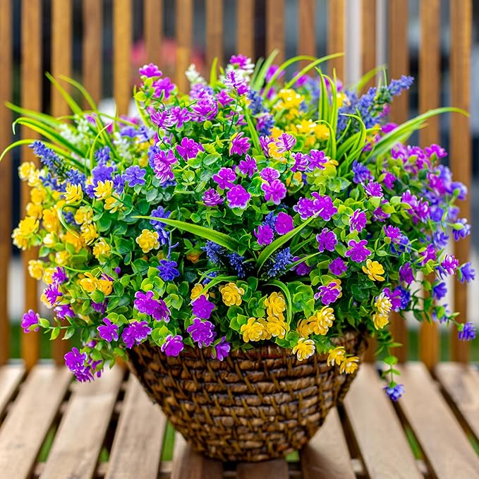 Artificial Flowers Outdoor Fake Plants - 12 Bundles UV Resistant Shrubs No Fade Faux Plastic Greenery Home Garden Porch Patio Decoration Indoor (1, Multi-12pcs)