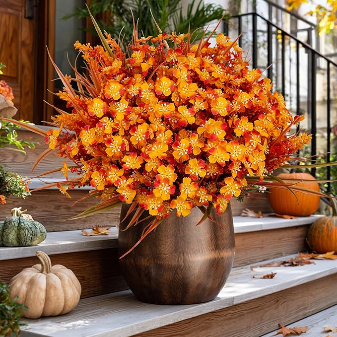 Artificial Fall Flowers Outdoor Fake Mums - 16 Bundles Fake Plants UV Resistant No Fade Faux Plastic Greenery Garden Porch Patio Fall Home Decor (1, OrangeGreen)
