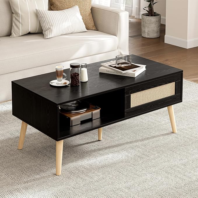 Wood Coffee Table with Storage, Boho Dining Table with Sliding Rattan Door Panel and Solid Wood Legs, Small Coffee Tables for Living Room, Oak (Black_LSJ008)