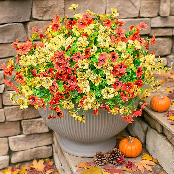 Ivydale Fall Flowers Artificial for Decoration Outdoors Fake Mums 12 Bundles Faux Planters UV Resistant Look Real for Autumn Home Porch Patio Garden Yard, Orange Yellow