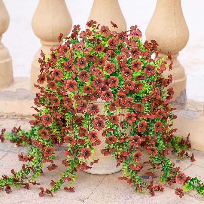 Artificial Mums for Outdoors Fake Hanging Flowers for Fall Decoration, 2 PCS Silk Daisy Flower Realistic Faux Plants UV Resistant for Porch Patio Window Yard Outside Autumn Decor(Brown)