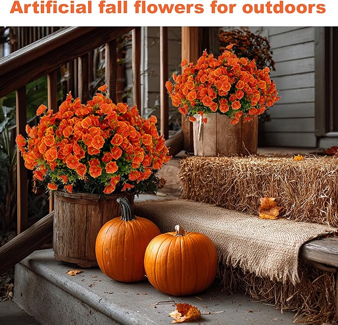 Artificial Fall Flowers Outdoor Fake Mums - 16 Bundles Fake Plants UV Resistant No Fade Faux Plastic Greenery Garden Morning Glory Home Decor (1, Orange)