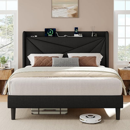 iPormis Full Size Bed Frame with Charging Station, Linen Platform Bed Frame with Wingback Upholstered Headboard, Solid Wood Slats Support, No Box Spring Needed, Easy Assembly, Black