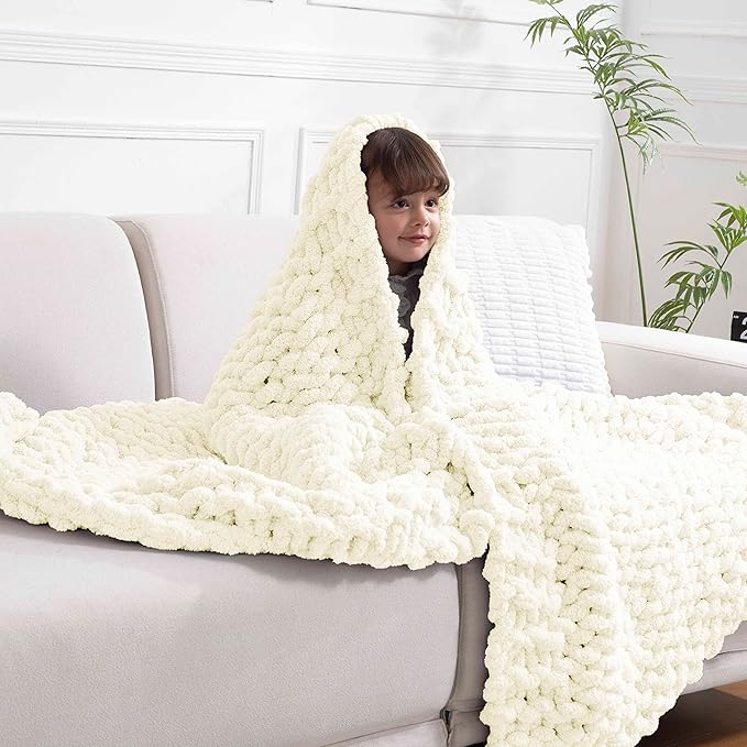 clootess Chunky Knit Blanket Knitted Throw Crochet Chenille Yarn Woven for Bed Sofa Textured Thick Cable Decor (Ivory 40x60 in)