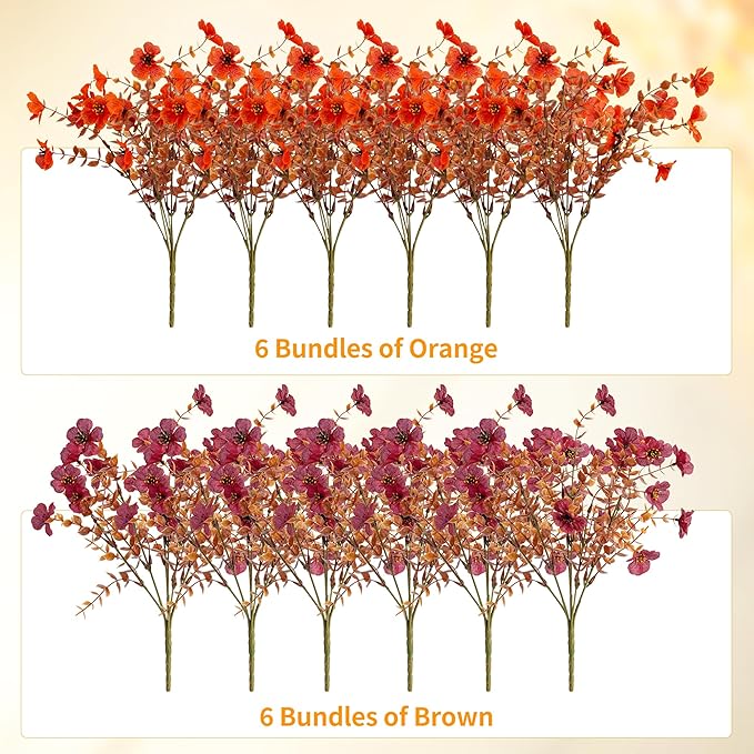 Artificial Mums Fall Fake Flowers for Outdoors, 12 Bundles Faux Mums for Outdoor Planters Decorations,UV Resistant Silk Flowers Plastic Plants for Front Porch Garden Patio Home Decor(B-Orange Brown)