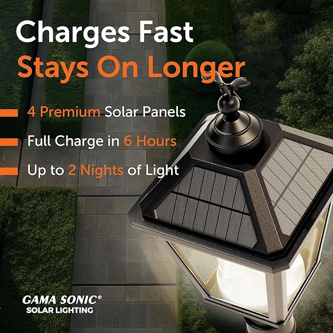 Gama Sonic Imperial Solar Post Light, Black Aluminum and Glass, Triple Candelabra Bulb with 3-inch Fitter for Lamp Poles, Warm White 2700K, 37BC50012
