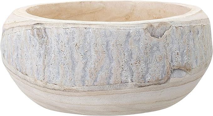 Bloomingville Decorative Hand-Carved Paulownia Wood Bowl, Whitewashed, 10.5 in Diameter, 4.25 in Tall