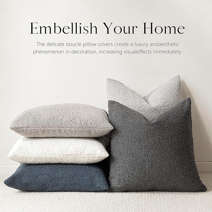 Foindtower Set of 2, Decorative Textured Boucle Throw Pillow Covers Accent Solid Pillow Cases Neutral Soft Cozy Couch Cushion Case for Chair Sofa Bedroom Living Room Home Decor 26 x 26 Inch Dark Grey