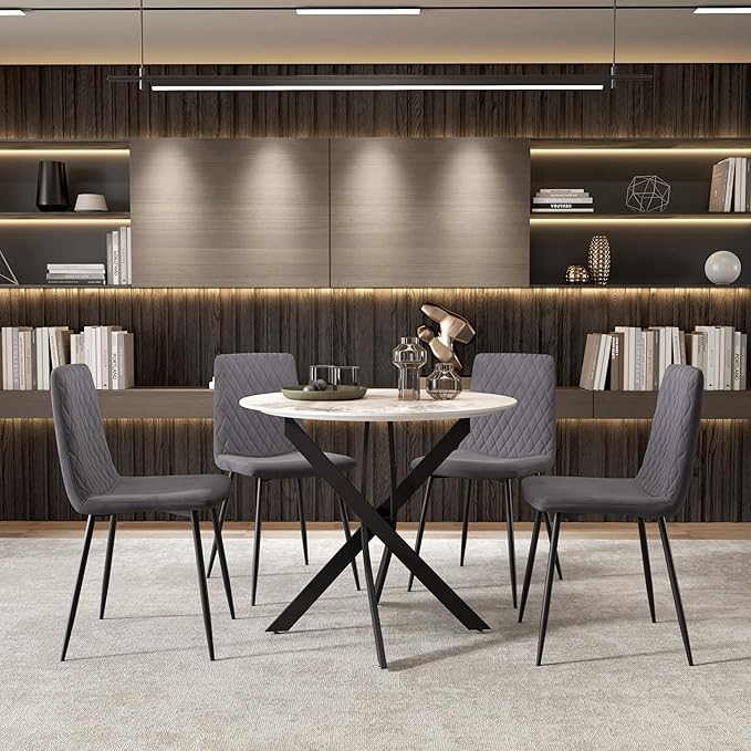 Marble Round Dining Table for 2-4 with Metal Legs, 31.5 Inch Sintered Stone Modern Small Kitchen Table for Dining Room Kitchen Apt (White)