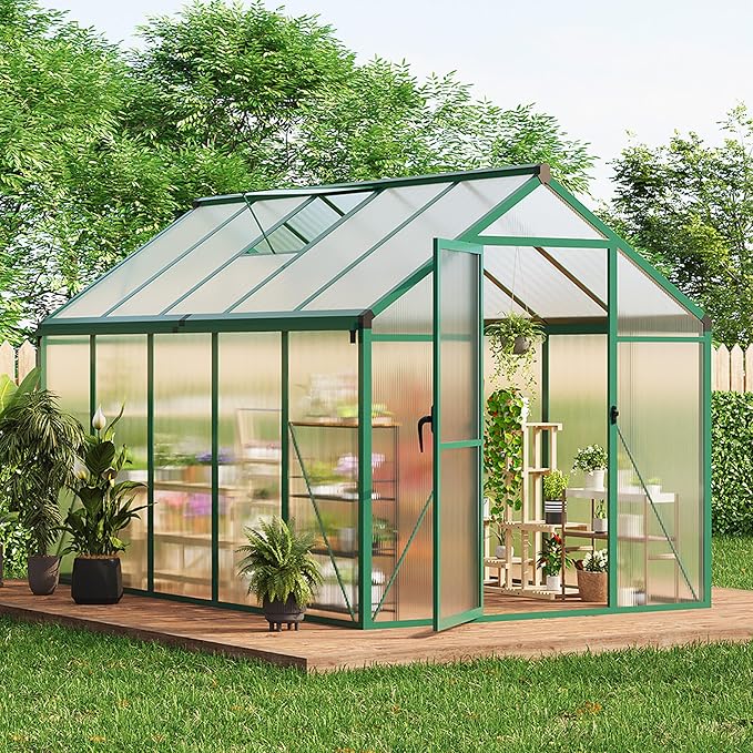 6 x 10 FT Greenhouse, Greenhouses for Outside, Polycarbonate Greenhouse with Aluminum Frame, Lockable Door and Ajustable Roof Vent for Backyard, Green Houses for Outside Garden Backyard, Patio
