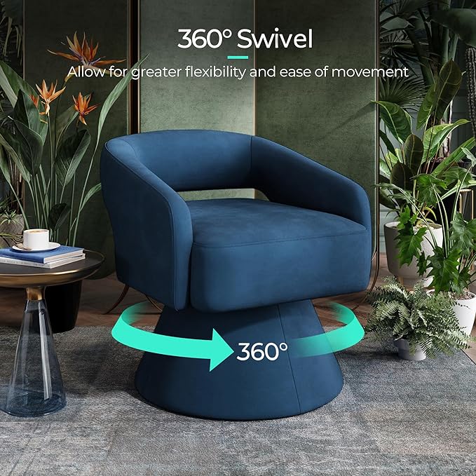 LINSY Swivel Barrel Chair, 360° Modern Swivel Accent Chair with Arms, Boucle Swivel Chair Blue Velvet Chairs for Bedroom Living Room Small Spaces