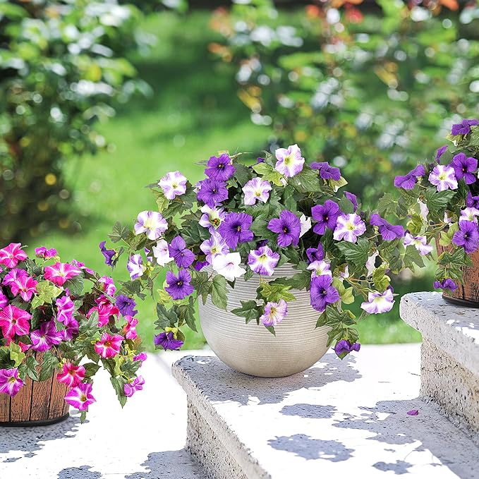 Artificial Fake Flowers Plants for Outdoor Decoration, 2PCS Faux Petunias Silk Flower UV Resistant No Fade Floral for Home Outside Garden Balcony Yard Porch Realistic Indoor Decor (Purple White)