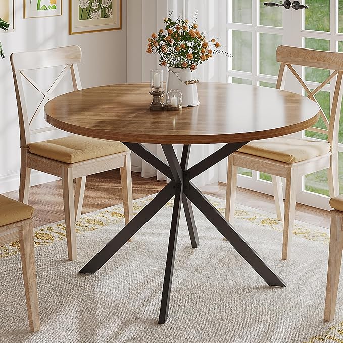 ChooChoo 47.2 Inch Round Dining Table for 4, Farmhouse Wood Kitchen Table, Circle Dinner Table for Kitchen & Dining Room, Walnut