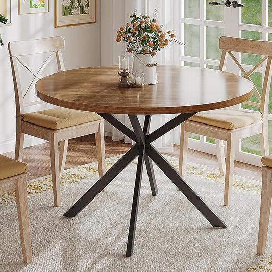 ChooChoo 47.2 Inch Round Dining Table for 4, Farmhouse Wood Kitchen Table, Circle Dinner Table for Kitchen & Dining Room, Walnut